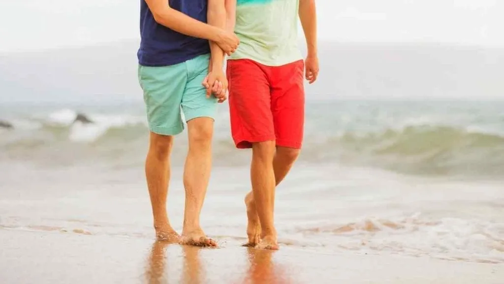 Two men holding hands on Poodle Beach in Delaware, as seen from the waist down. The man on the left is wearing a blue bathing suit and the one of the right a red one.