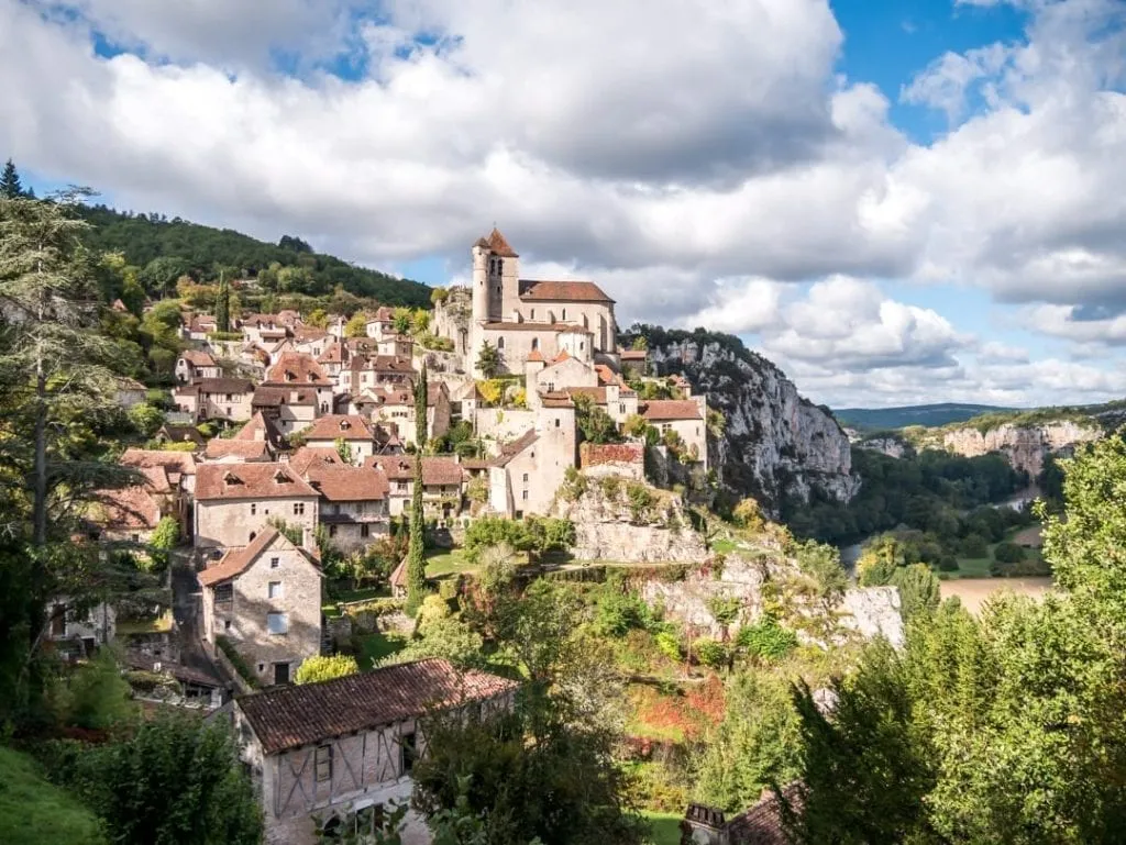 Saint-Cirq-Lapopie as seen from across the valley. One of the most beautiful villages in France.