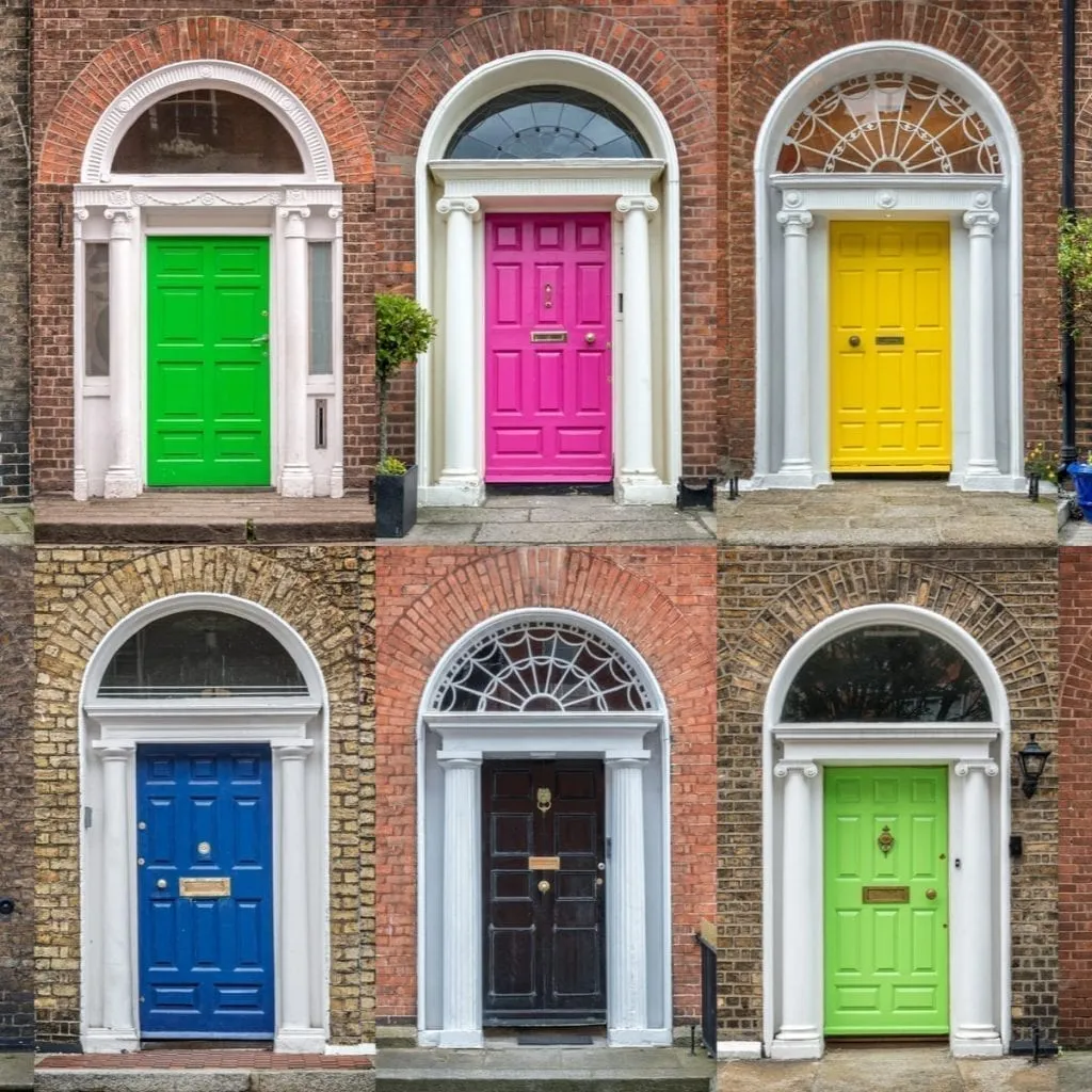 6 colorful doors of Dublin Ireland displayed in a grid pattern