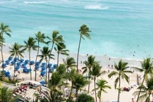 Waikiki Beach shot from above, with palm trees in the foreground and oceans in the background. Waikiki Beach is one of the best beaches in the USA