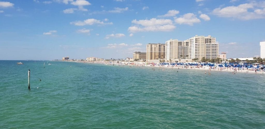 Clearwater Beach, Florida, is one of the best white sand beaches in the USA. As seen from the water.