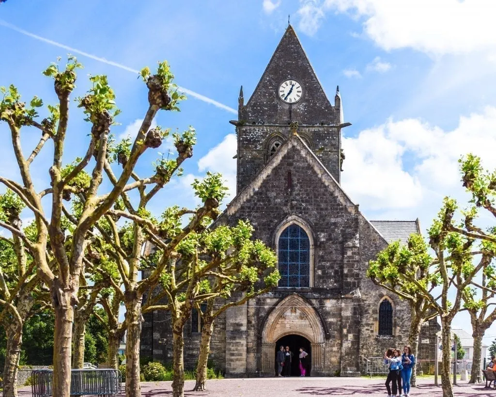 Front facade of the church in Sainte-Mère-Église France