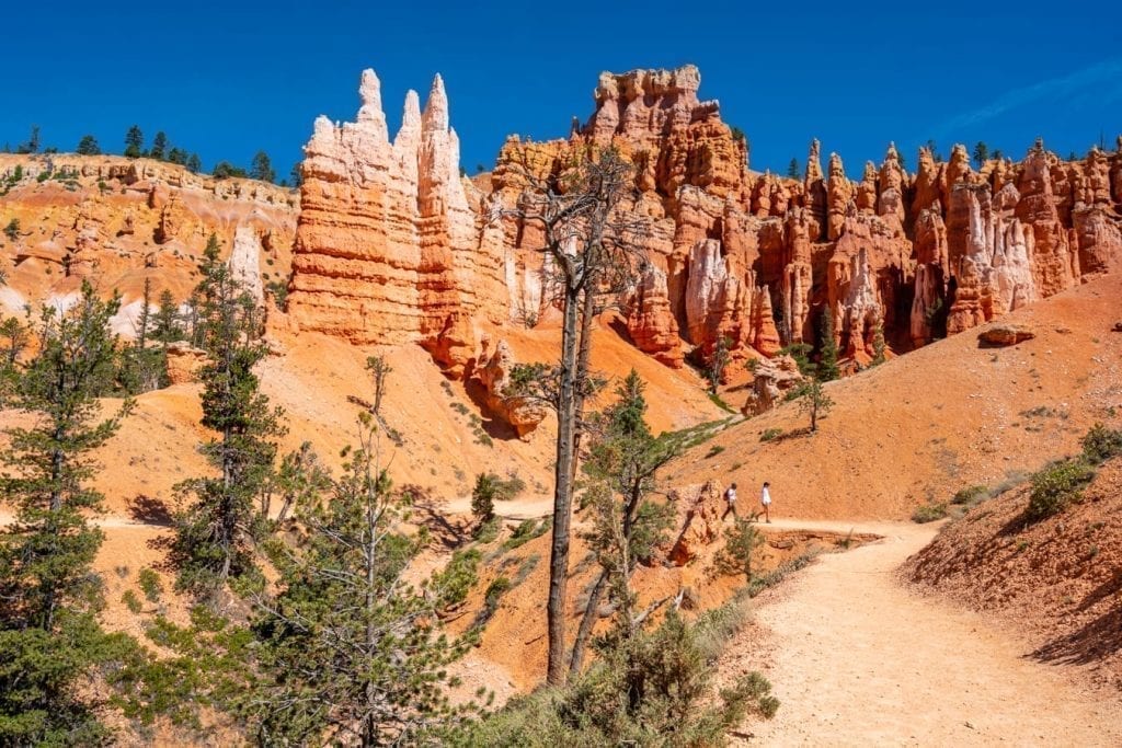 Hiking the Queen's Garden trail with trail in the foreground and hoodoos in the background. The Queen's Garden trail is one of the best things to do in Bryce Canyon National Park Utah