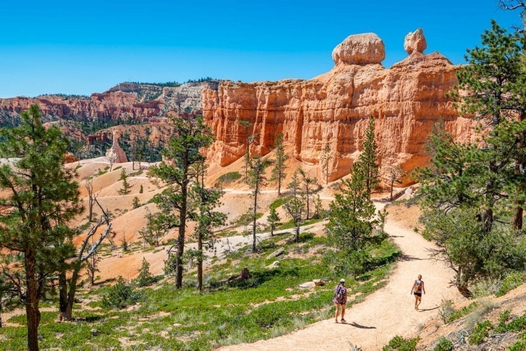 Hikers walking along a trail in Bryce Canyon National Park as seen from above with hoodoos in the background