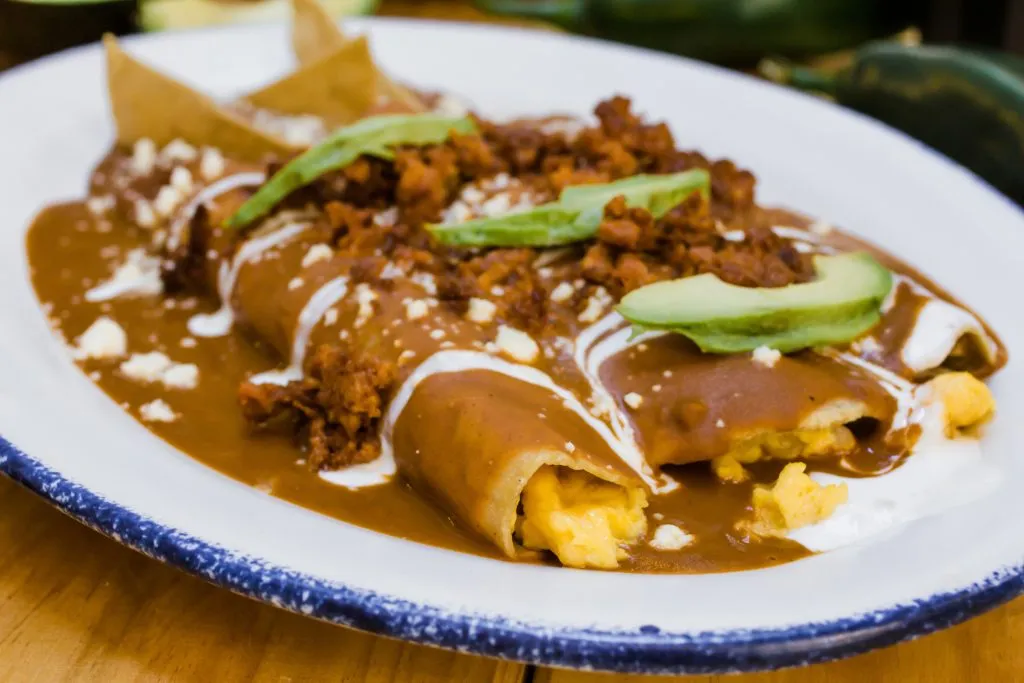 white plate of enfrijoladas, a typical mexico breakfast dish