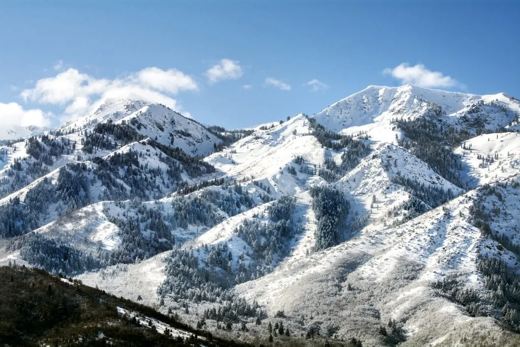 Snow-covered mountains in Utah north of SLC