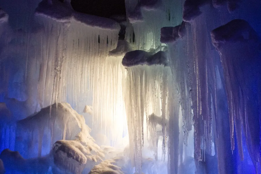 close up of icicles in midway ice castles, a fun place to travel utah in winter