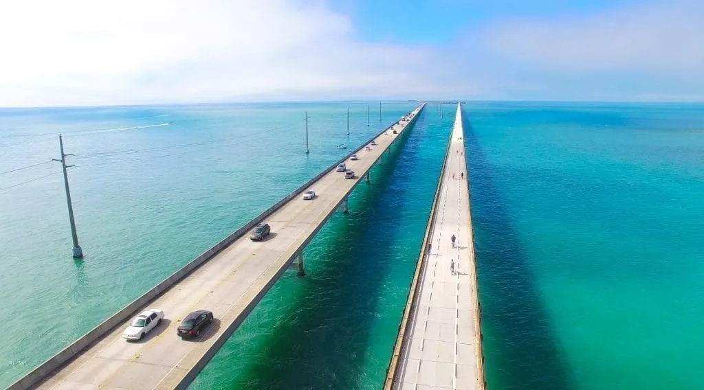 Highway over the Caribbean Sea leading the to Floriday Keys as shot with a drone. The Florida Keys are one of the best places to visit in USA