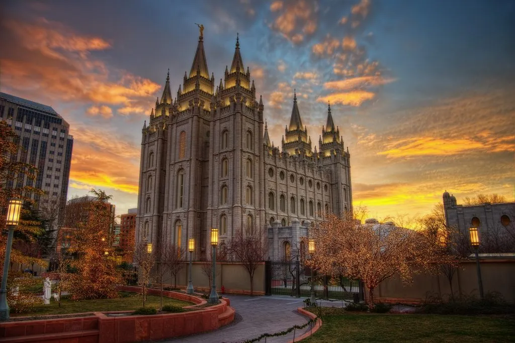 lds temple in salt lake city utah at sunset