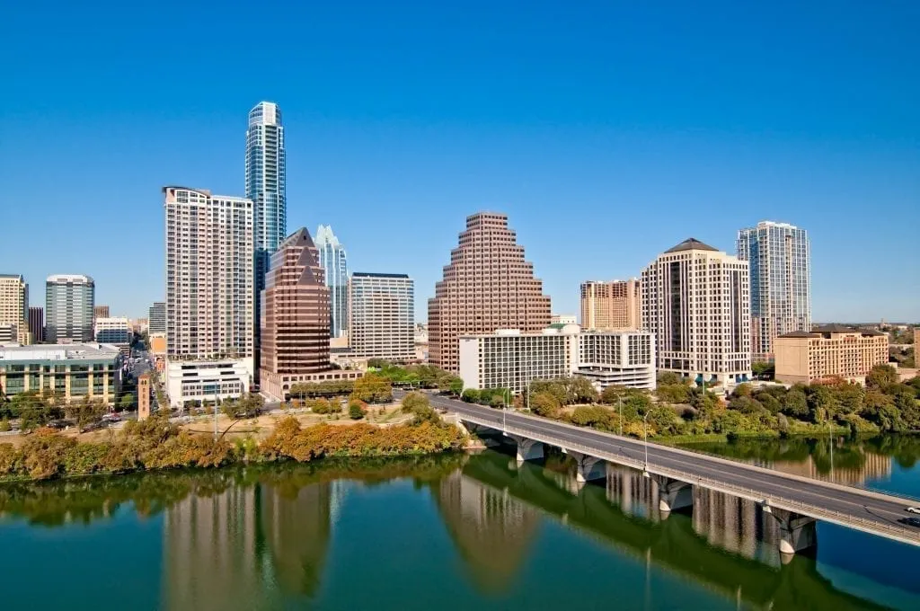 Austin TX skyline with the South Congress Bridge in the foreground