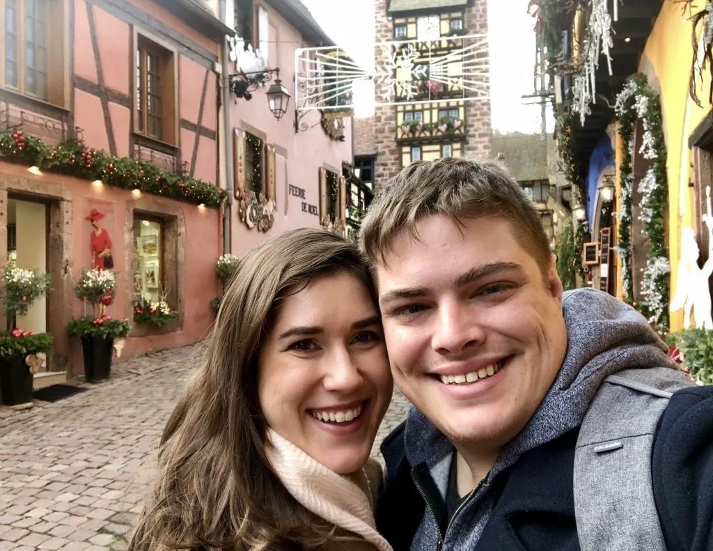 Selfie of Kate Storm and Jeremy Storm in Riquewihr France near Christmastime