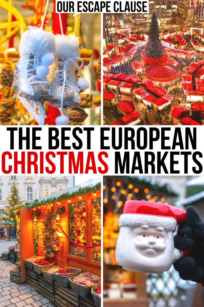 4 photos of Christmas markets in Europe, black and red text on a white background in the center reads "the best european christmas markets"