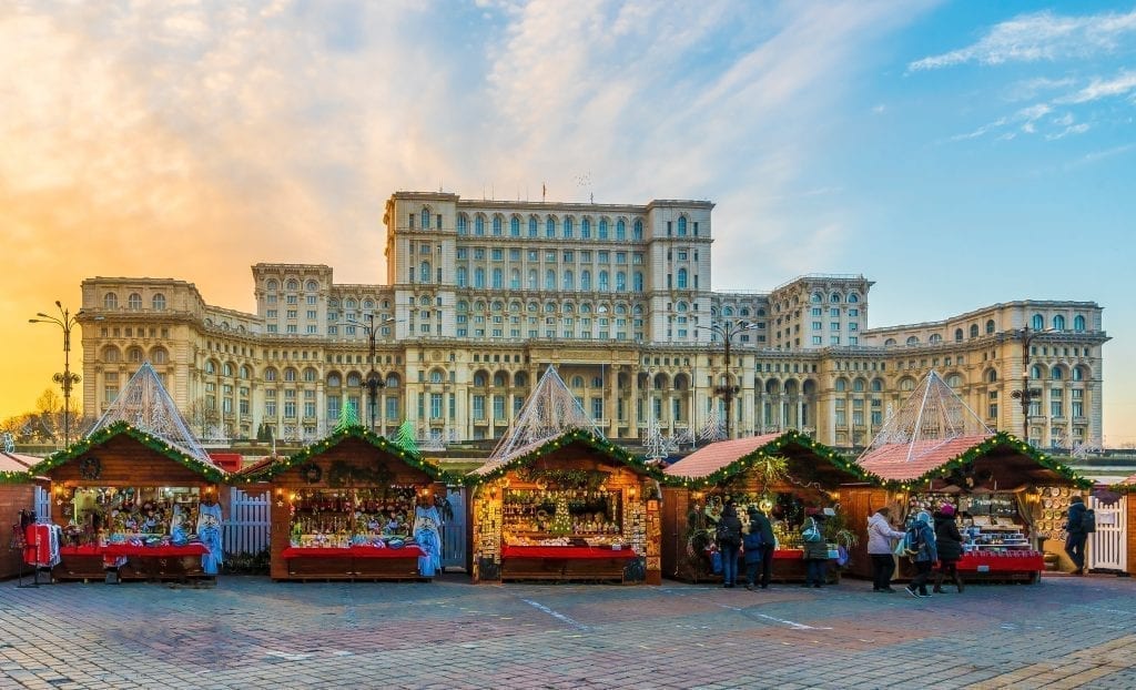 Bucharest Christmas market in front of Parliament, with the Parliament building visible in the background