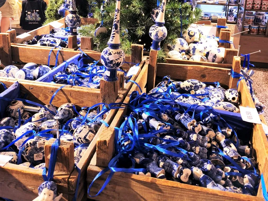 blue and white ornaments for sale at an amsterdam christmas market