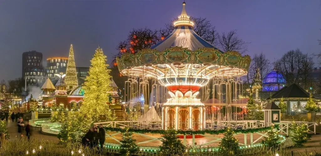 Tivoli Gardens covered in Christmas lights as seen at night in Copenhagen