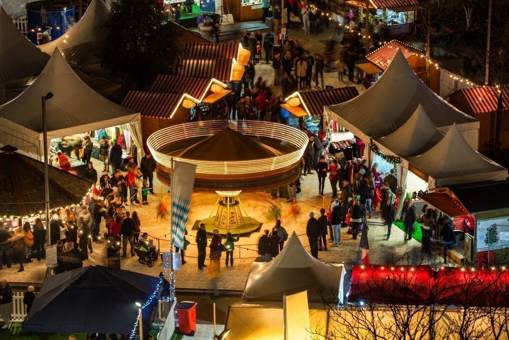 Galway Ireland Christmas market as seen from above at night