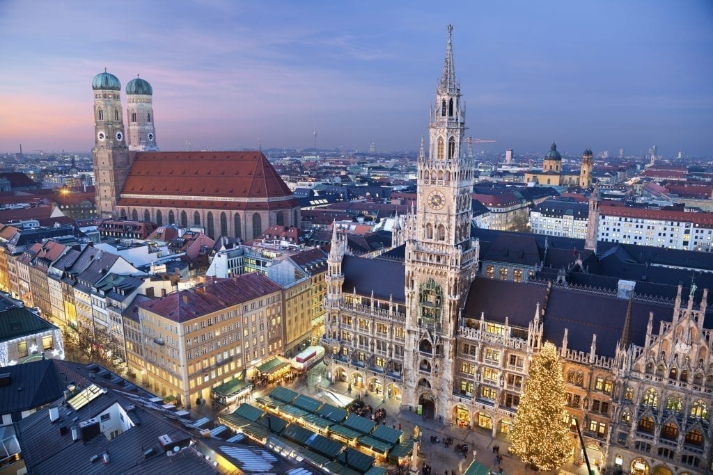 Marienplatz Christmas market in Munich Germany as seen from above near dusk