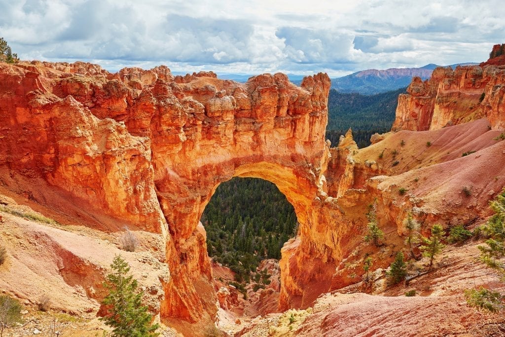 Natural Bridge in Bryce Canyon National Park on a cloudy day, one of the best places to visit in Bryce Canyon