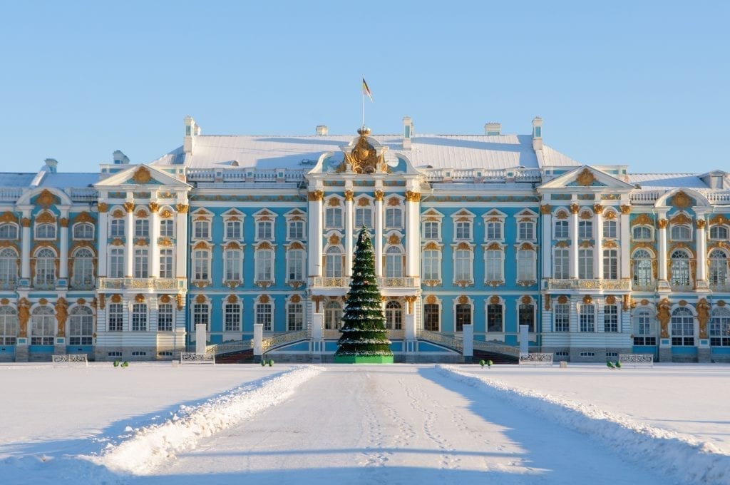 Blue palace near St Petersburg Russia in winter with snow and a Christmas tree in front of it