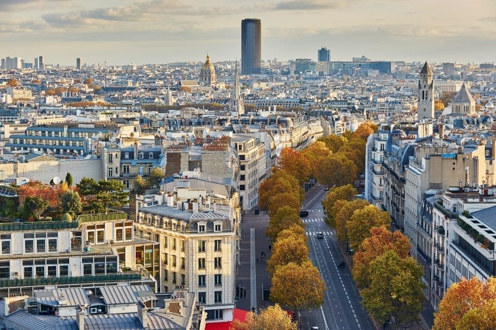 View of Paris skyline on a fall day with Montparnasse Tower Paris in the center background