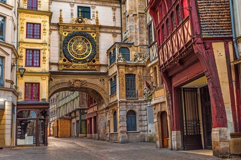 Rouen astrological clock in the early morning hours. Rouen is one of the best day trips from Paris France