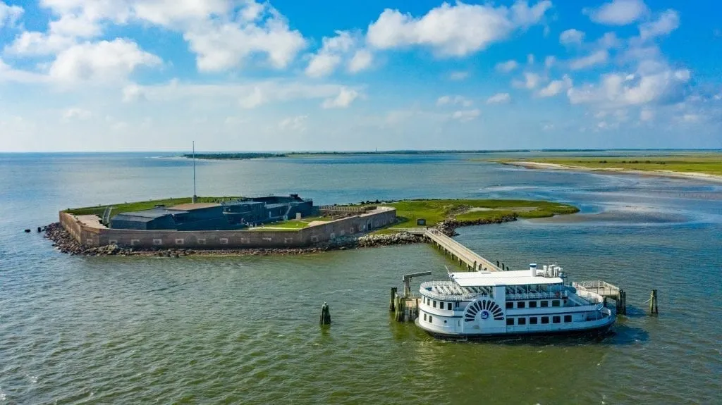 Fort Sumter as seen from above with a ferry parked at its dock