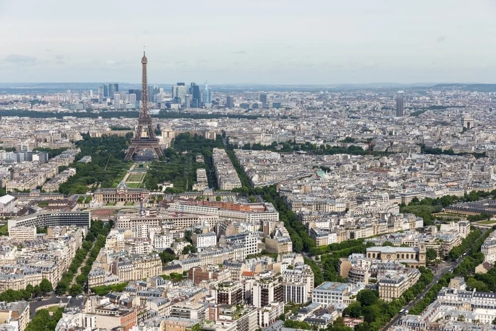 View of Paris skyline from Montparnasse Tower on a cloudy day