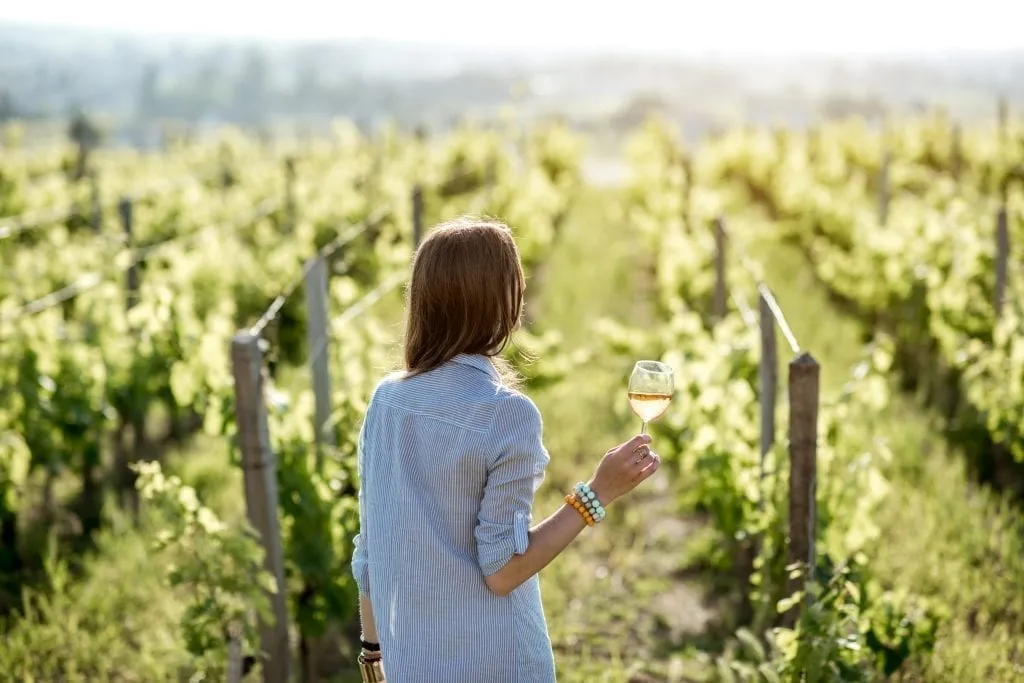 Young woman facing away from the camera holding a wine glass in a French vineyard. Wine tours make for excellent Paris day trips