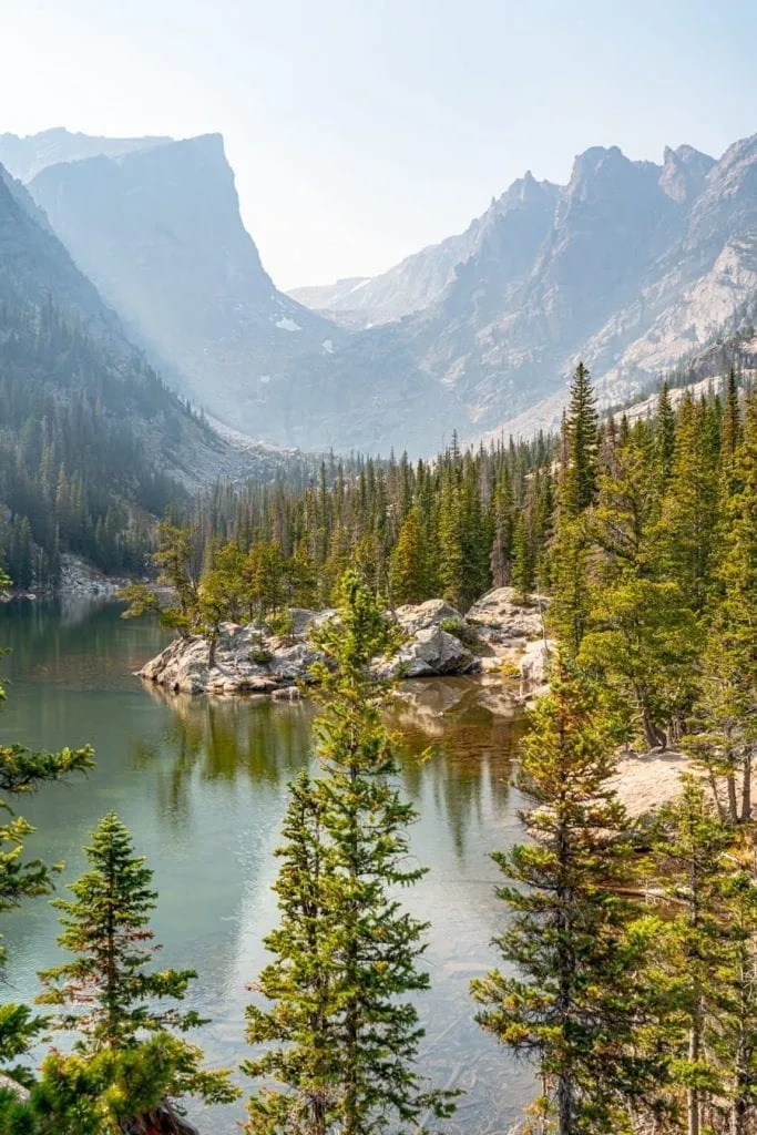 view of dream lake in rocky mountain national park from above, one of the best places to visit during summer usa june july august