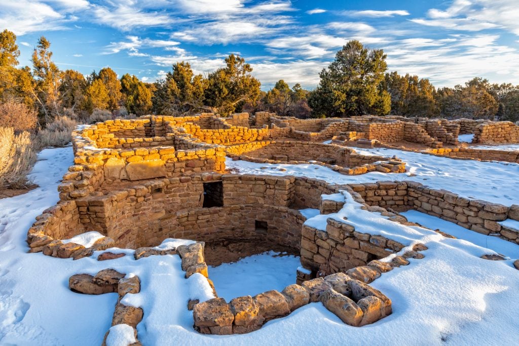 archaeological site at mesa verde national park covered in snow in winter national parks usa