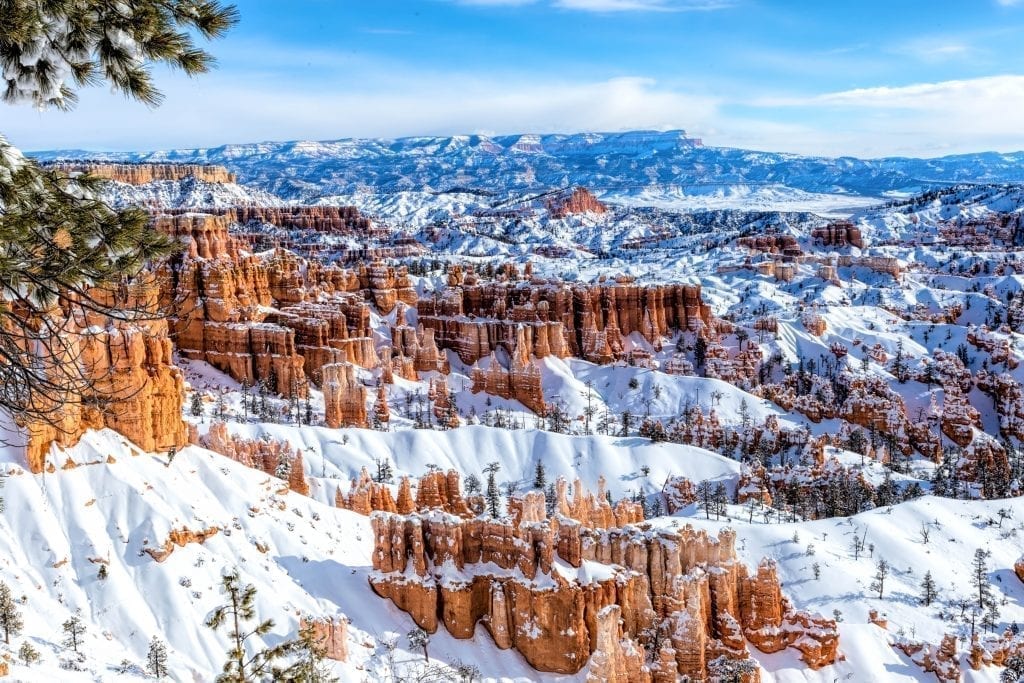 Bryce Canyon from above covered in snow. Bryce Canyon is one of the best usa national parks winter visits