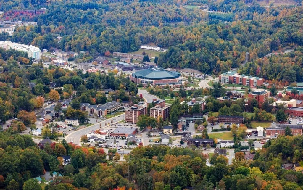 Boone NC as seen from above in the fall, one of the most romantic getaways in North Carolina