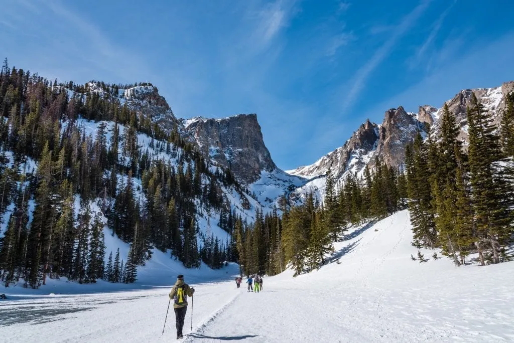 Group of hikers cross country skiing in rocky mountain national park in winter with mountain peaks in the background