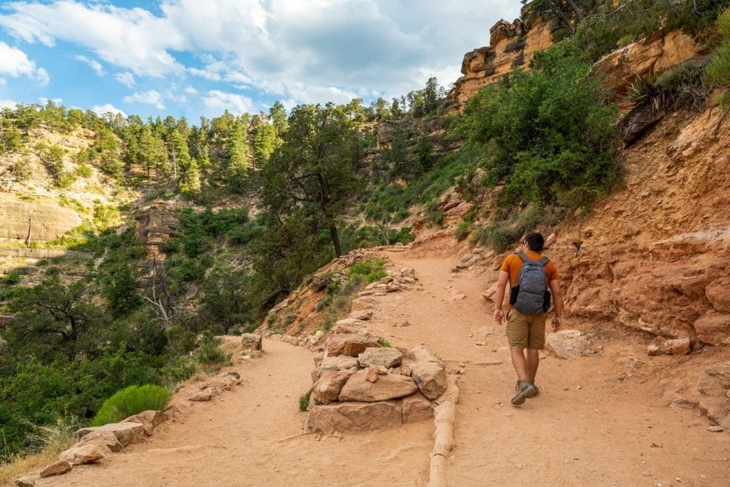 jeremy storm hiking grand canyon south rim bright angel trail, relatively flat portion with greenery