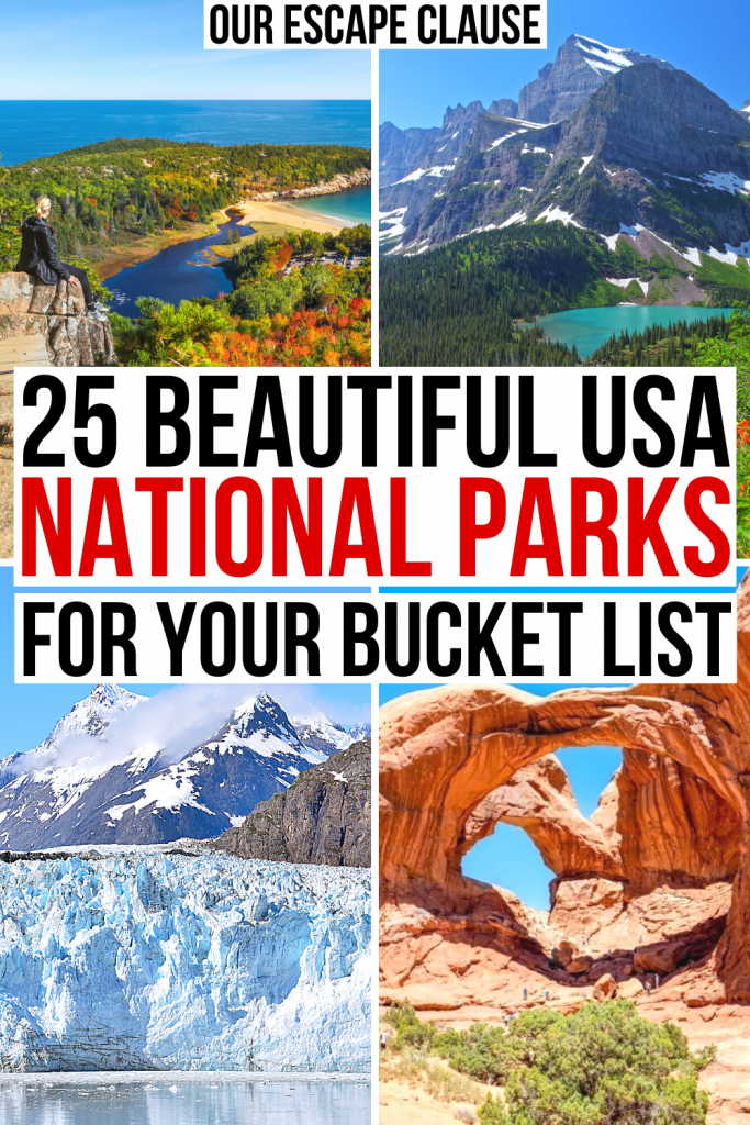 4 photos of best national parks in us: acadia, glacier, glacier bay, and arches. black and red text on a white backgrounds reads "25 beautiful usa national parks for your bucket list"