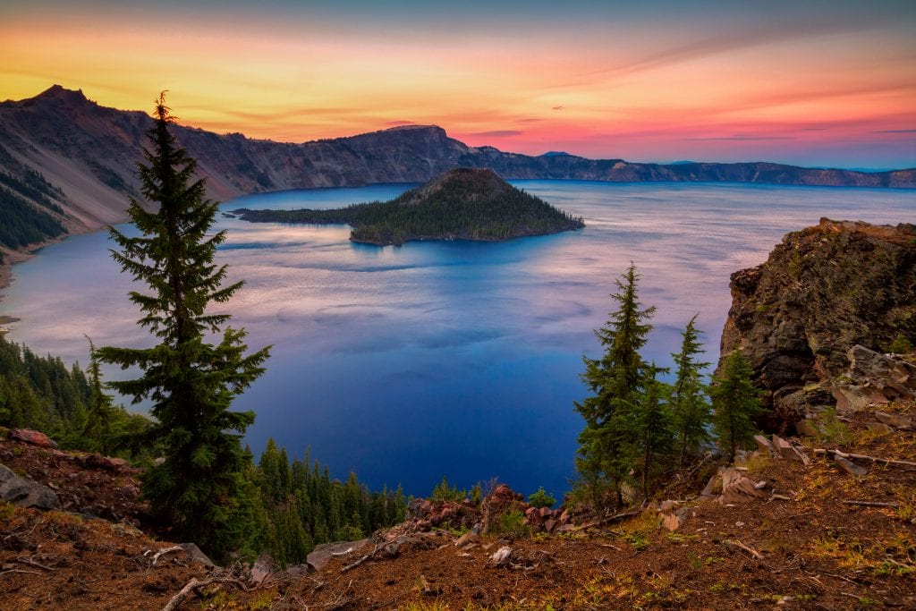 Crater Lake Oregon as seen from above at sunset