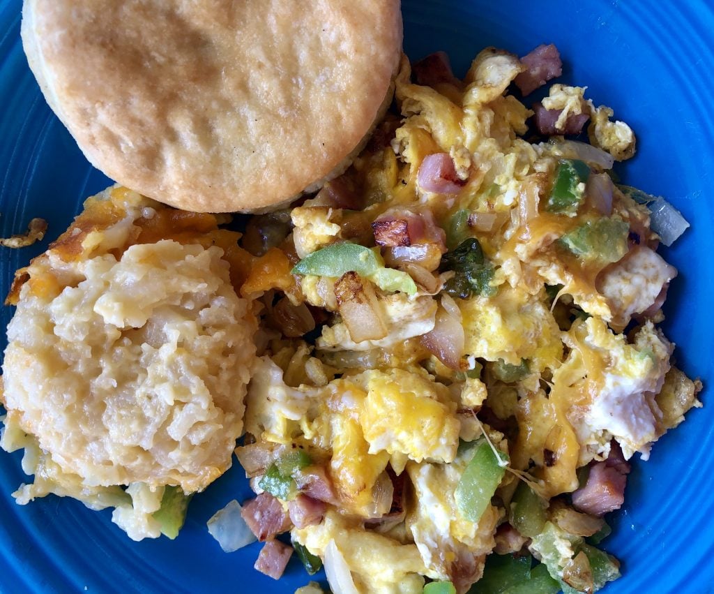 breakfast scramble with eggs and a biscuit at you need pie estes park restaurant