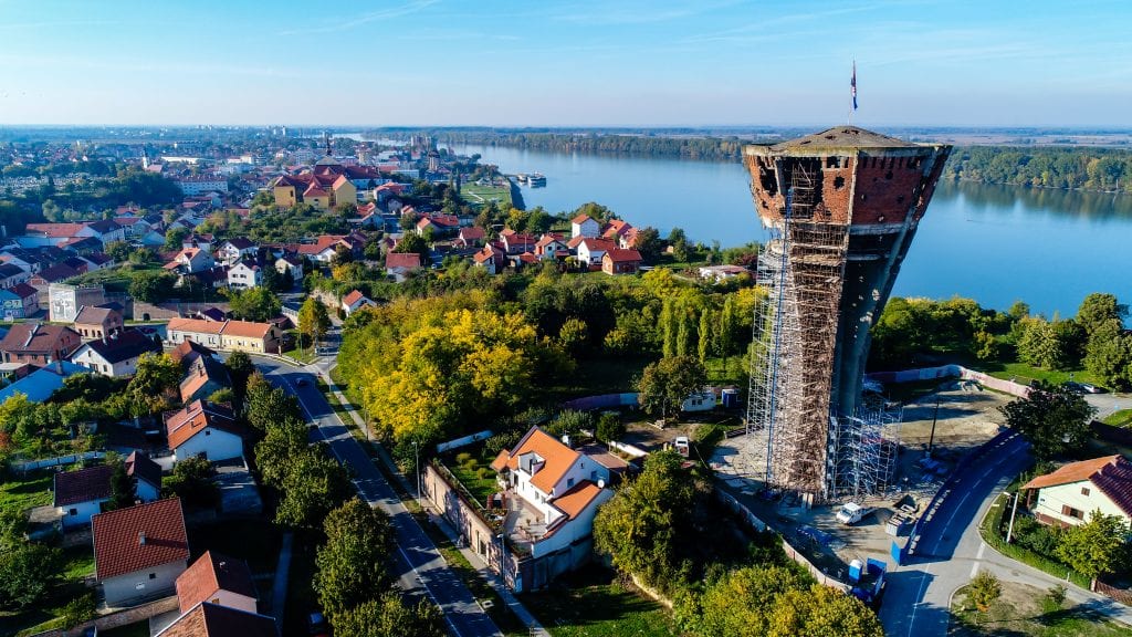 vukovar croatia with destroyed water tower prominent on the right side of the photo