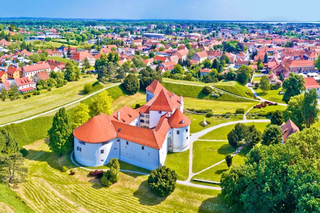 town of varazdin from above with white castle prominent in the foreground