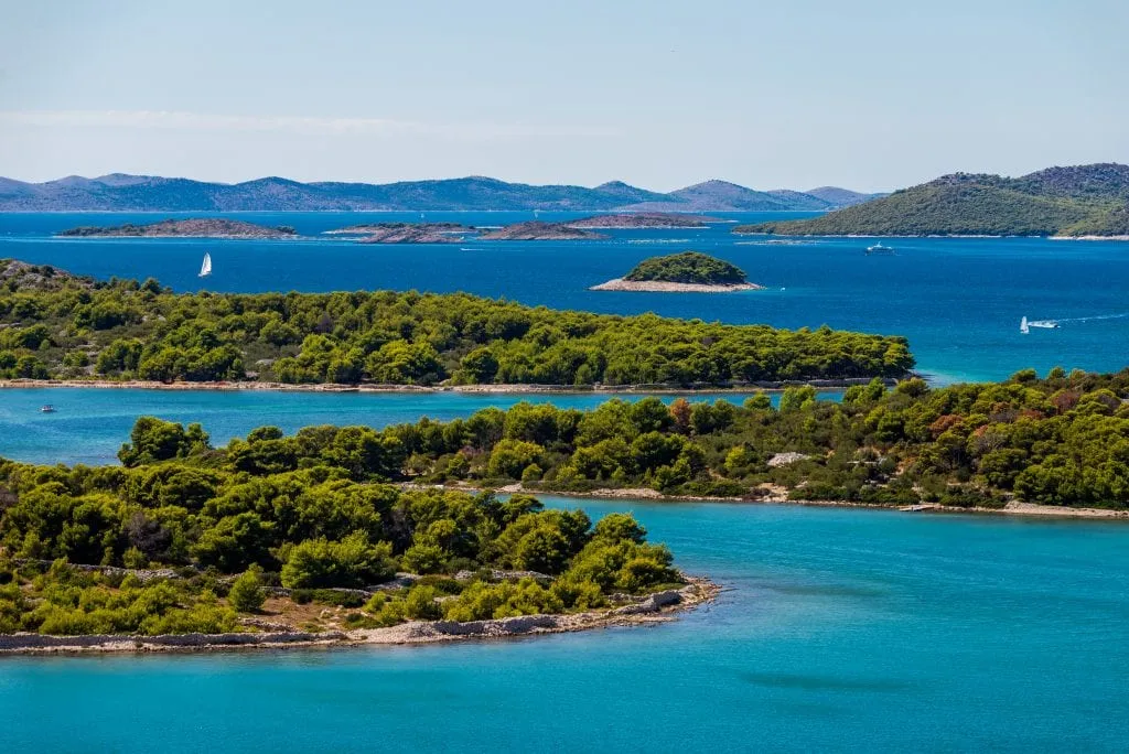 kornati islands, one of the best places to go in croatia, as seen from above with sailboats in the distance