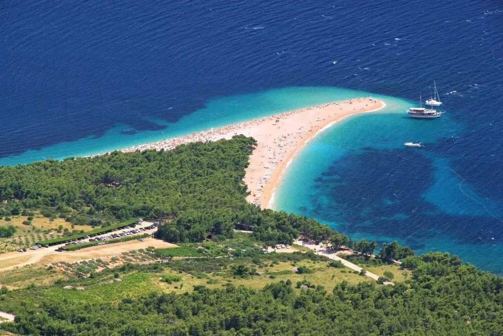 famous Zlatni Rat beach in brac croatia as seen from above via a drone