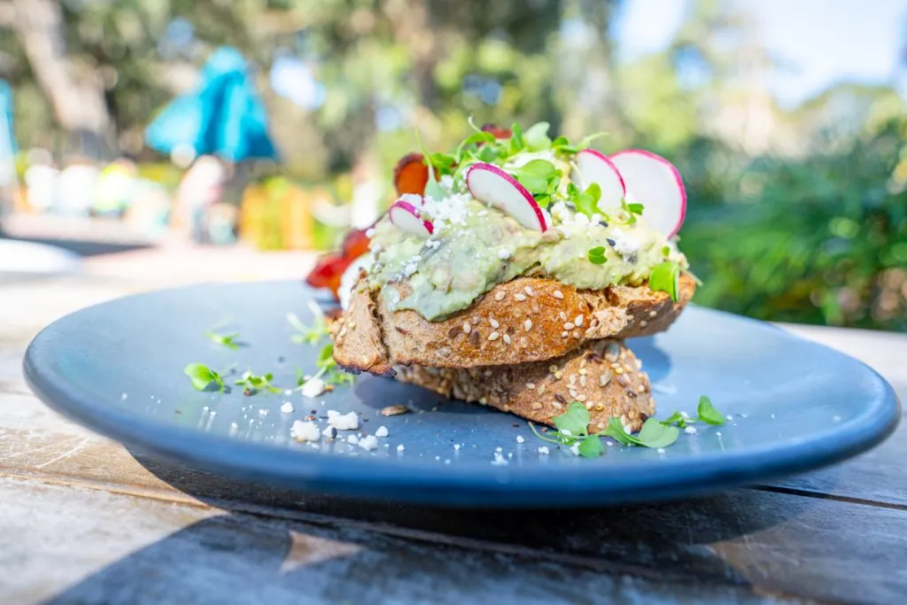 a plate of stacked avocado toast from the collins quarter, one of the best restaurants in savannah ga