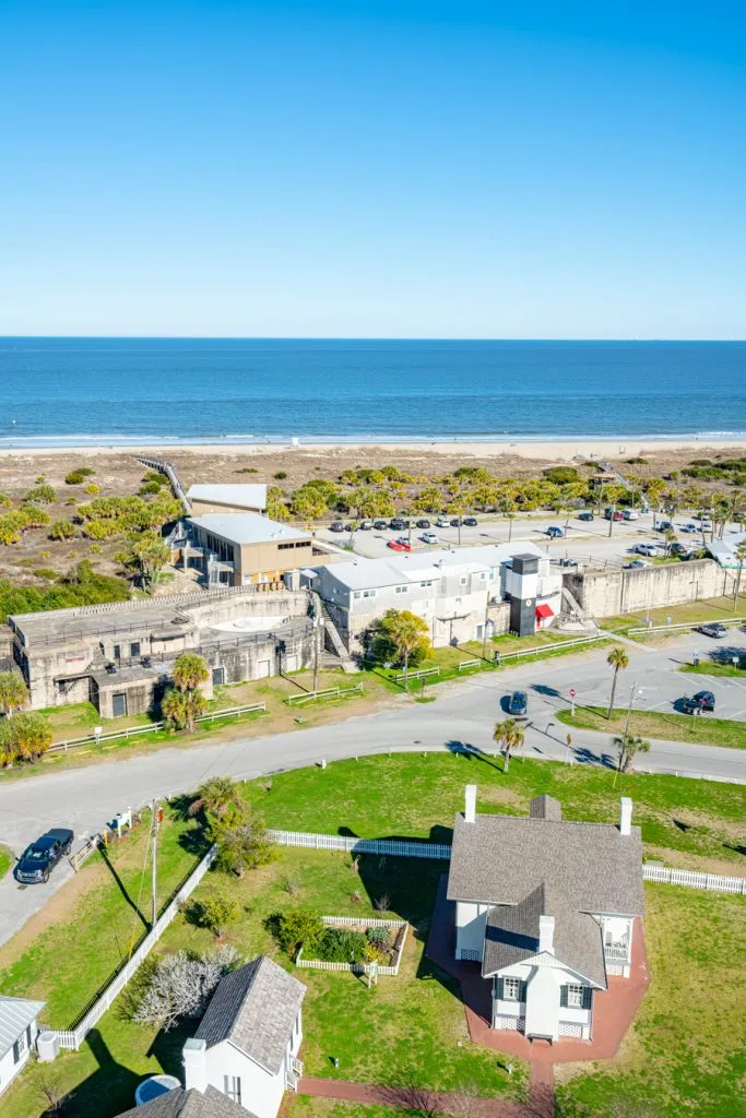 view of fort screven battery garland from above with lightkeepers cottages in the foreground