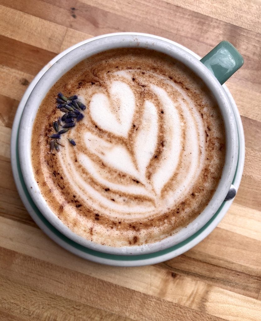 spiced lavender mocha latte from the collins quarter as seen from above on a wood table