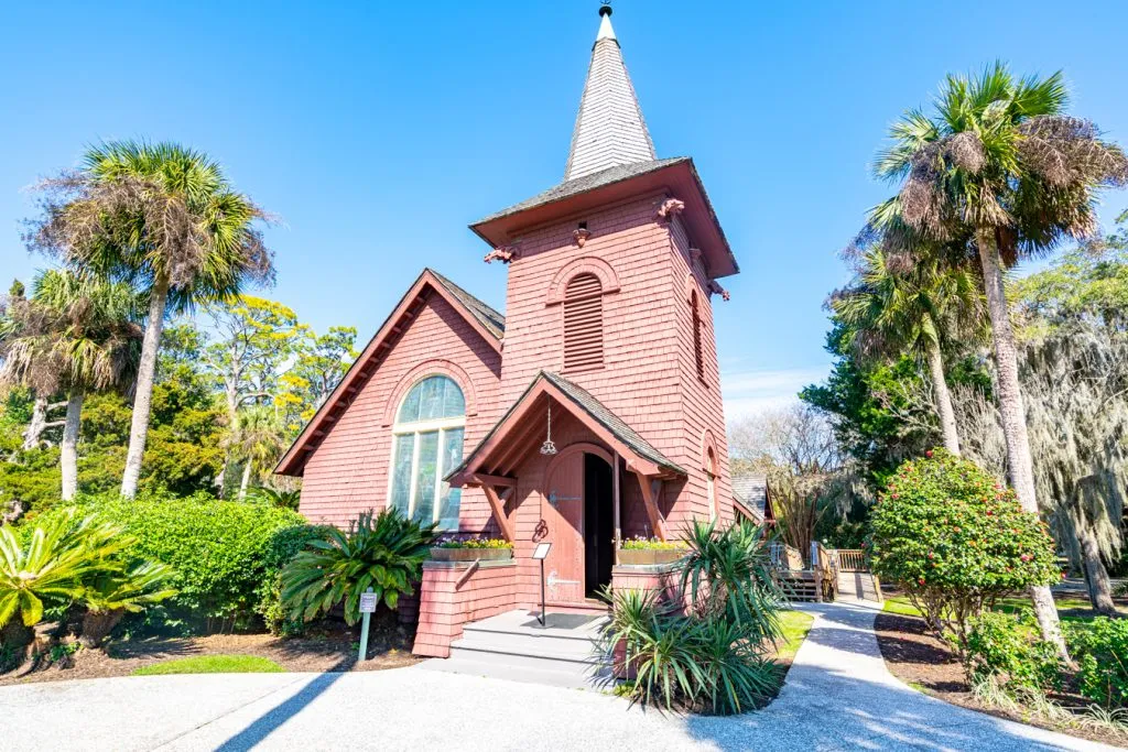 red wood facade of faith chapel, one of the top attractions jeklly island