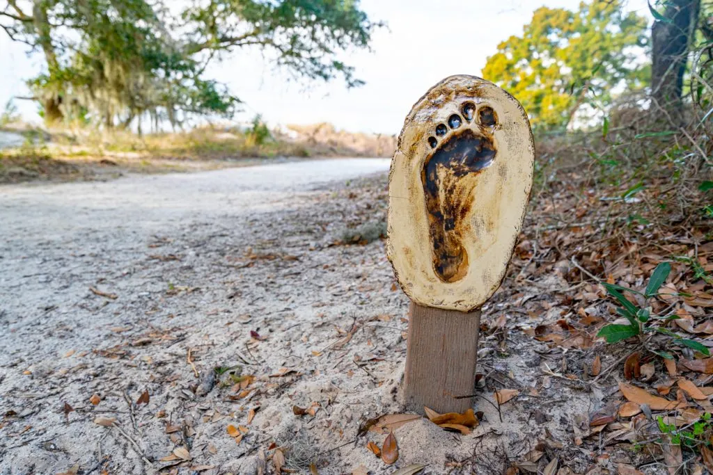 wooden footprint sign marking the wanderer memory trail, one of the most important places to visit on jekyll island ga