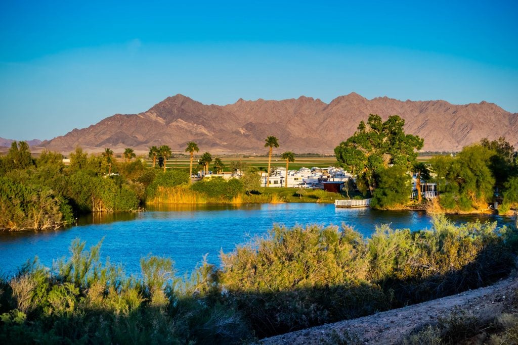 view of a lake in yuma arizona with palm trees in the background, one of the best bucket list arizona travel destinations