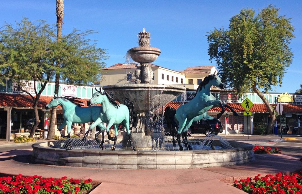 fountain with bronze horses in old town scottsdale, an arizona bucket list destination