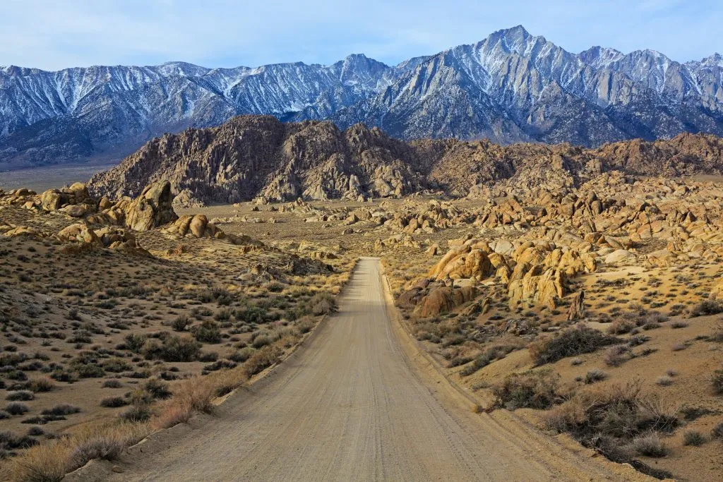 dirt road in alabama hills of california, as seen on a southwest road trip itinerary route