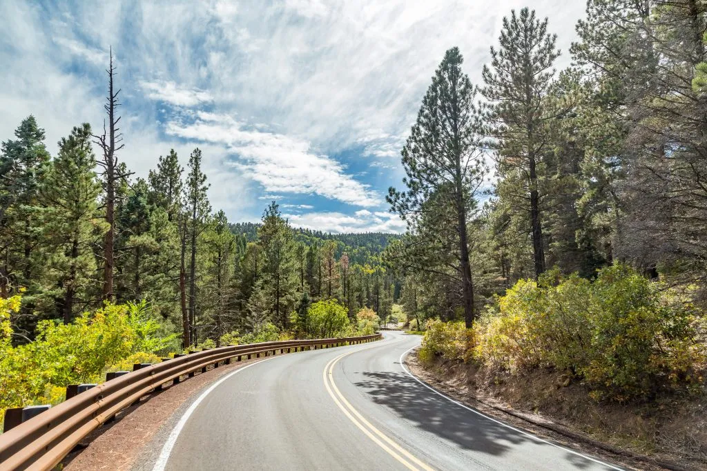 curving road through the trees in the enchanted circle in new mexico, one of the most beautiful road trips in southwest usa